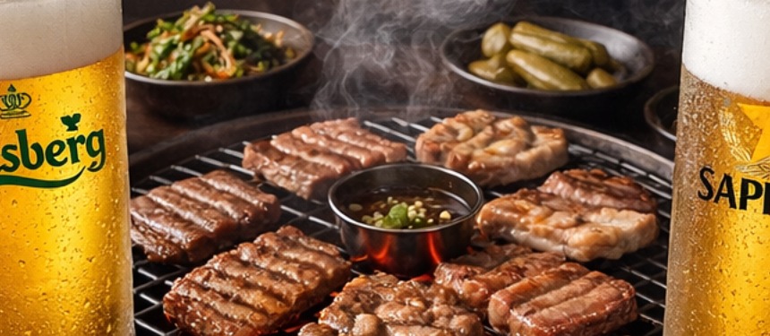 Korean BBQ grill with meat over charcoal